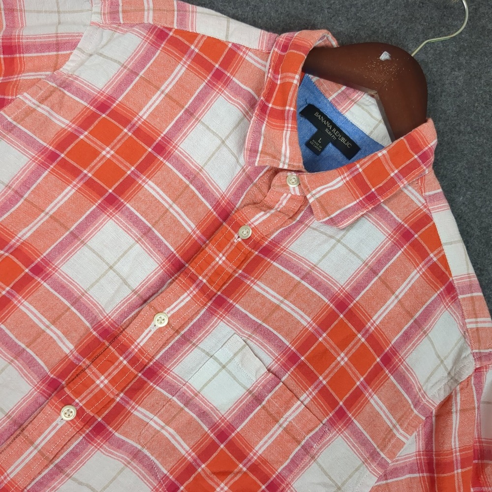 Banana Republic Slim Fit Plaid Button Down Shirt Mens Large Orange White Linen